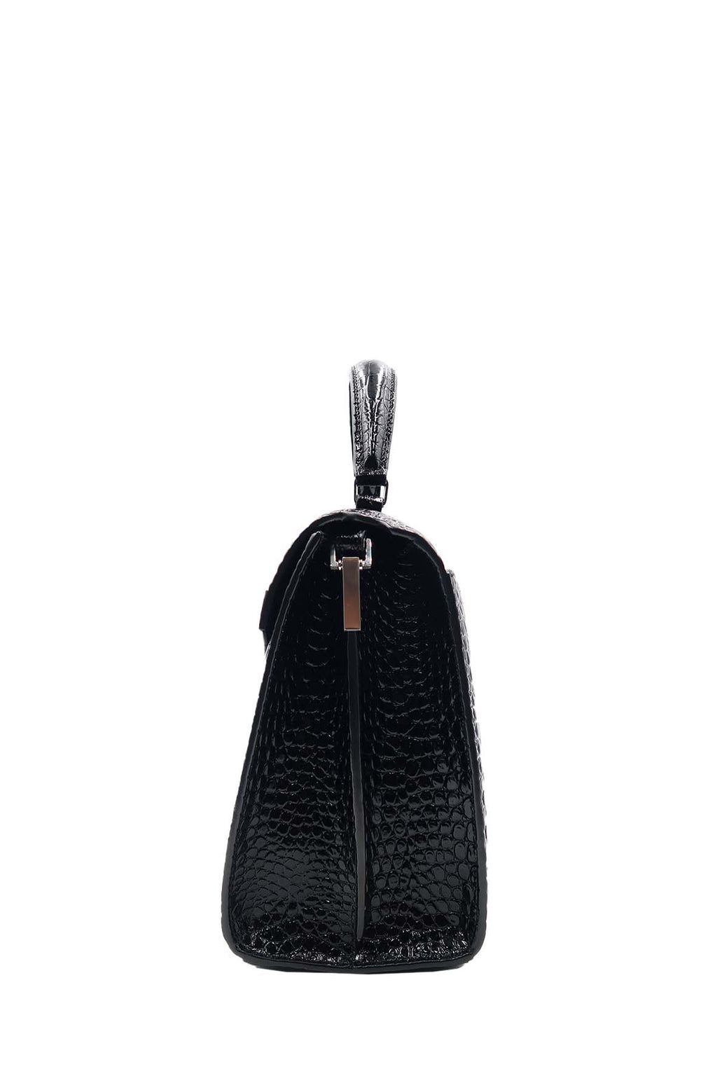 Medium Cassandra Top Handle Bag Crocodile Embossed Black