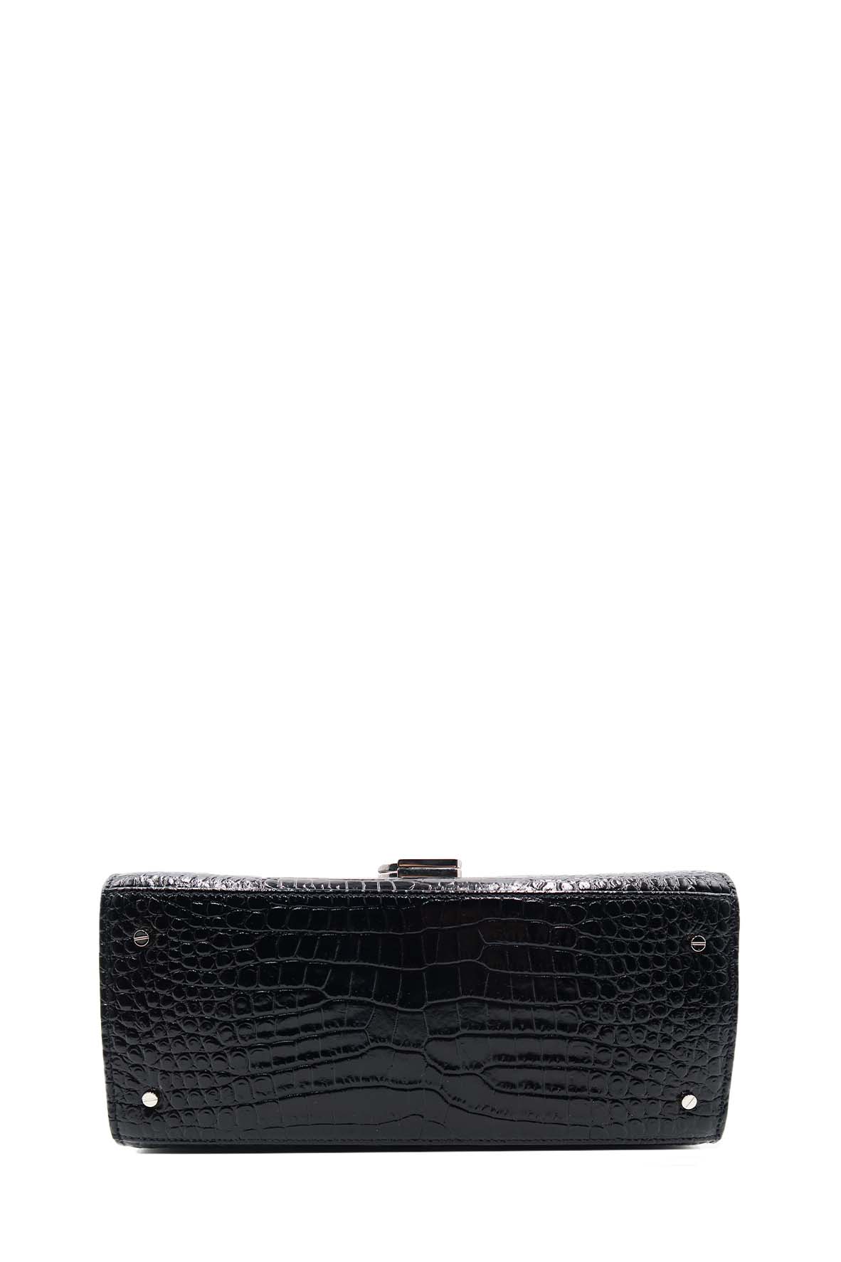 Medium Cassandra Top Handle Bag Crocodile Embossed Black