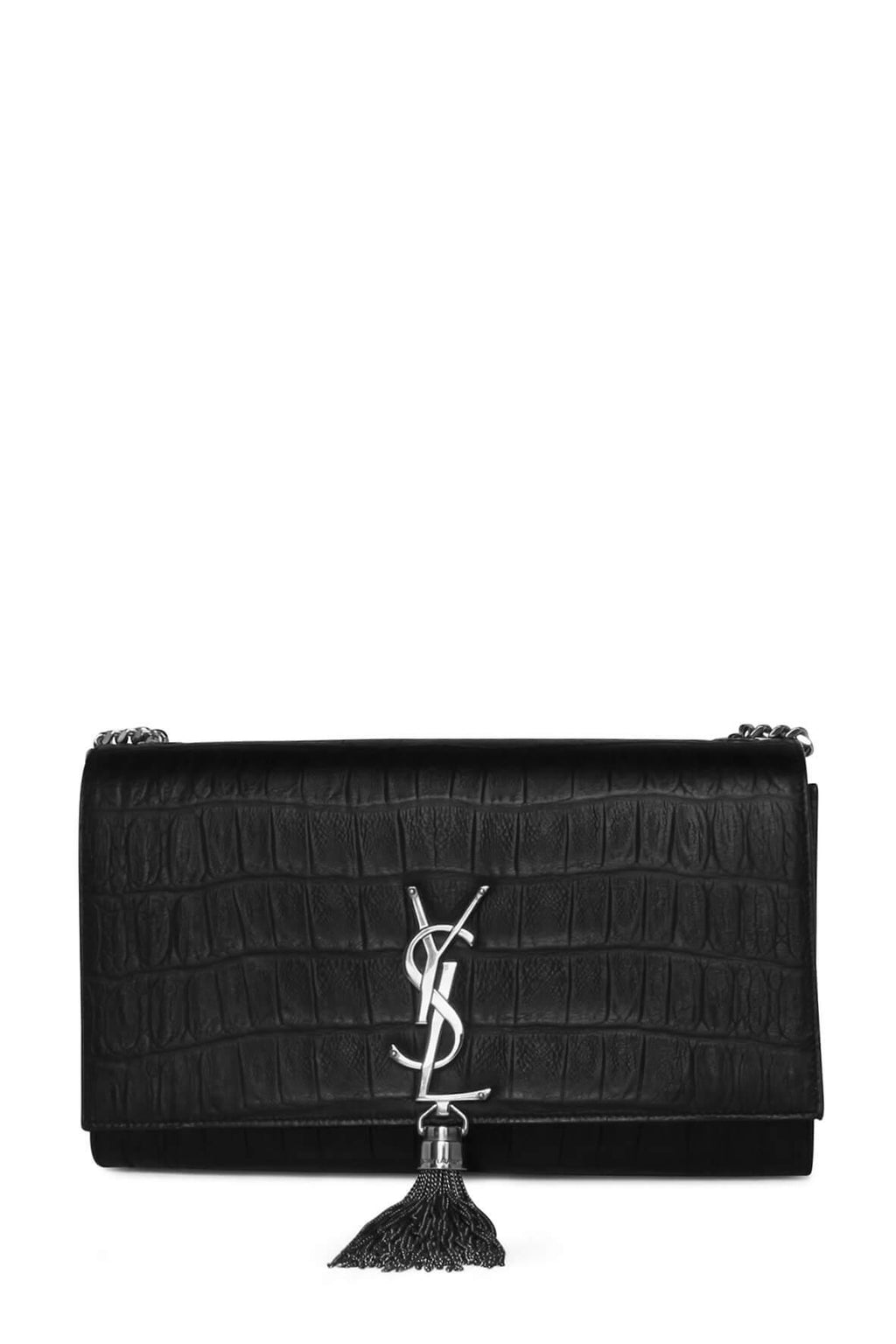 Monogram Medium Kate with Tassel Crocodile Embossed Matte Black with Silver Hardware