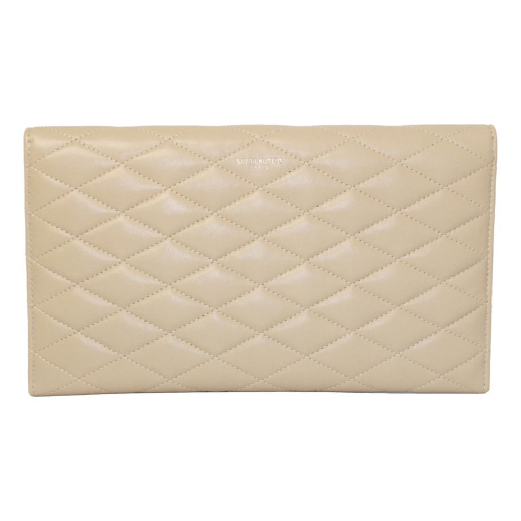 Saint Laurent Sade Logo Beige Leather Quilted Pouch Clutch Bag
