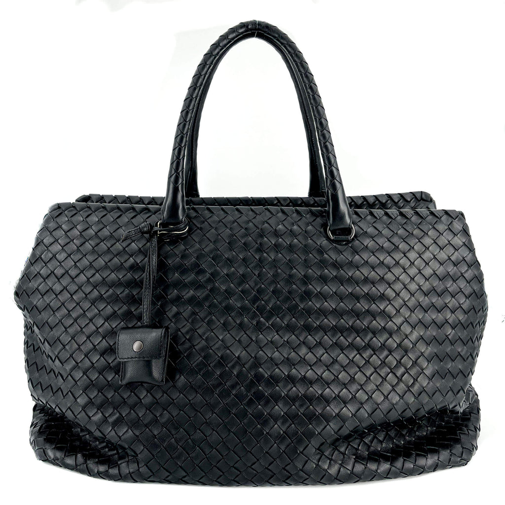 Black Leather Intrecciato Tote