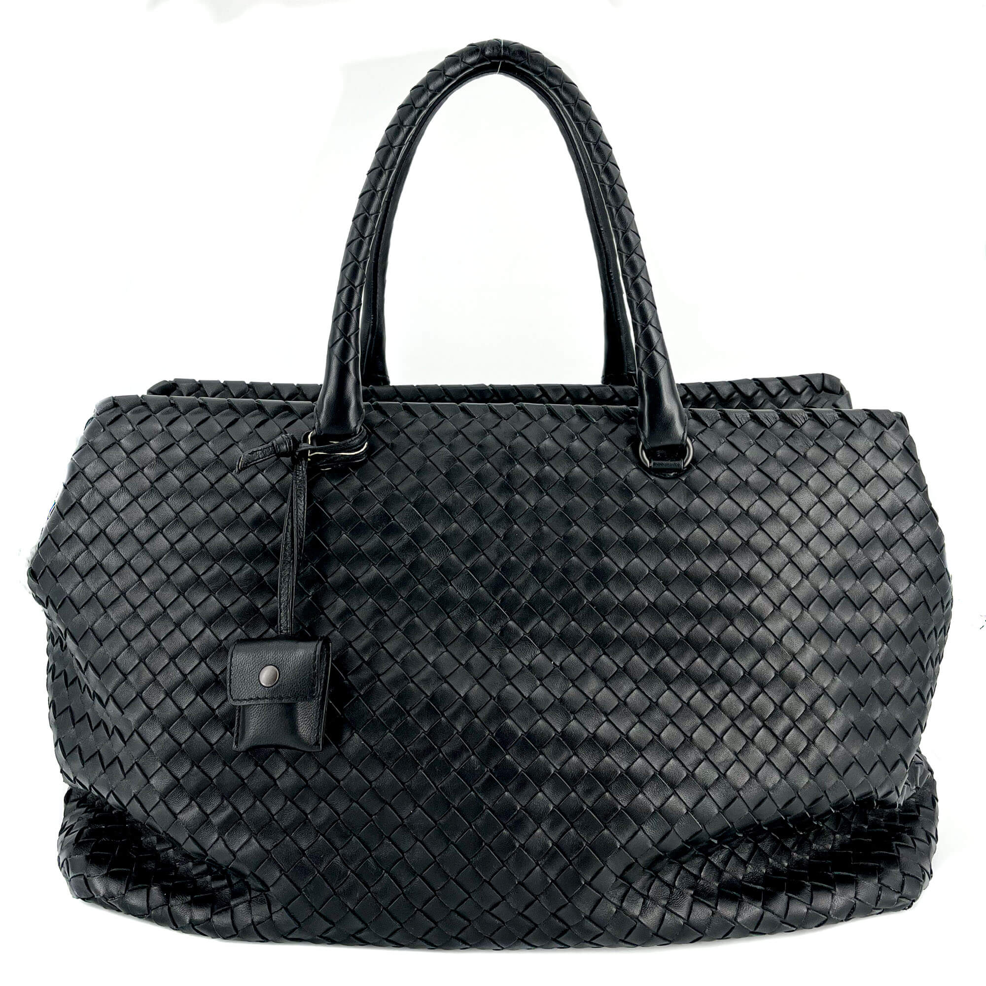Black Leather Intrecciato Tote