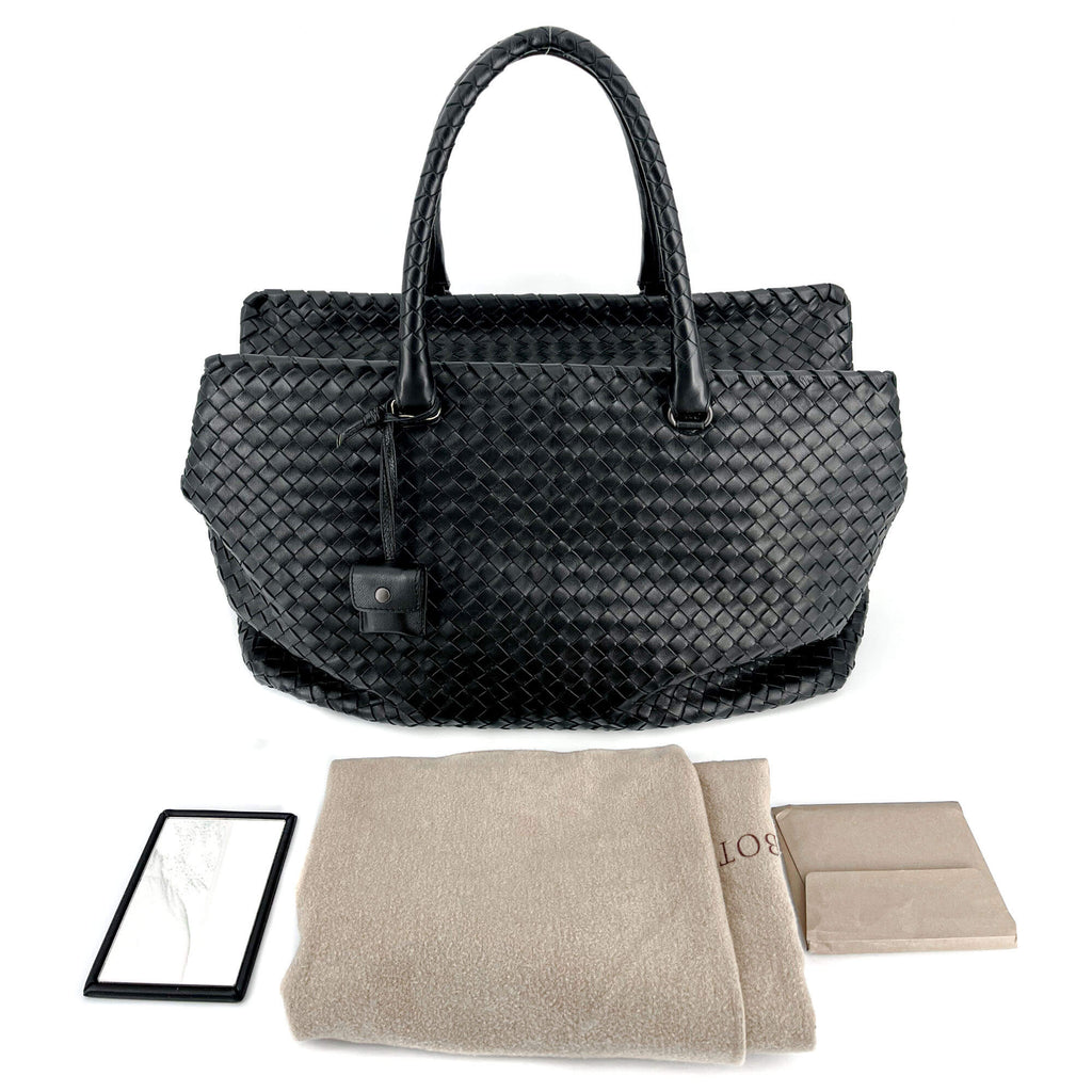 Black Leather Intrecciato Tote