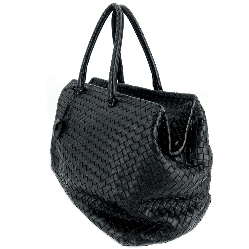 Black Leather Intrecciato Tote