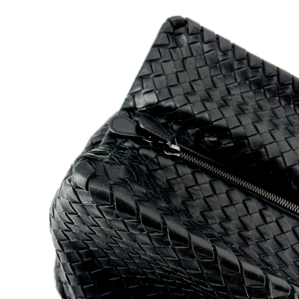 Black Leather Intrecciato Tote