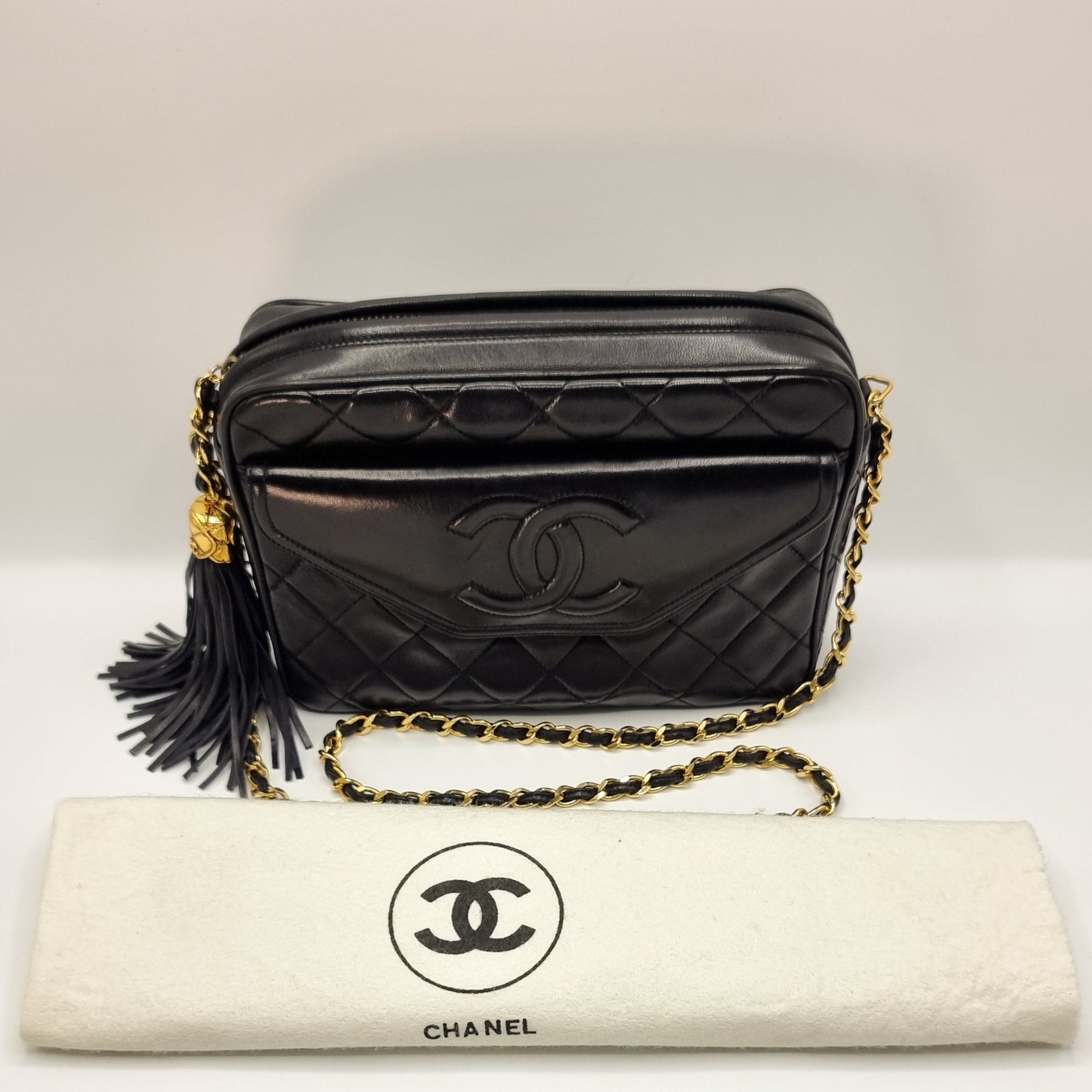 Camera Chain Bag Black Lambskin Leather