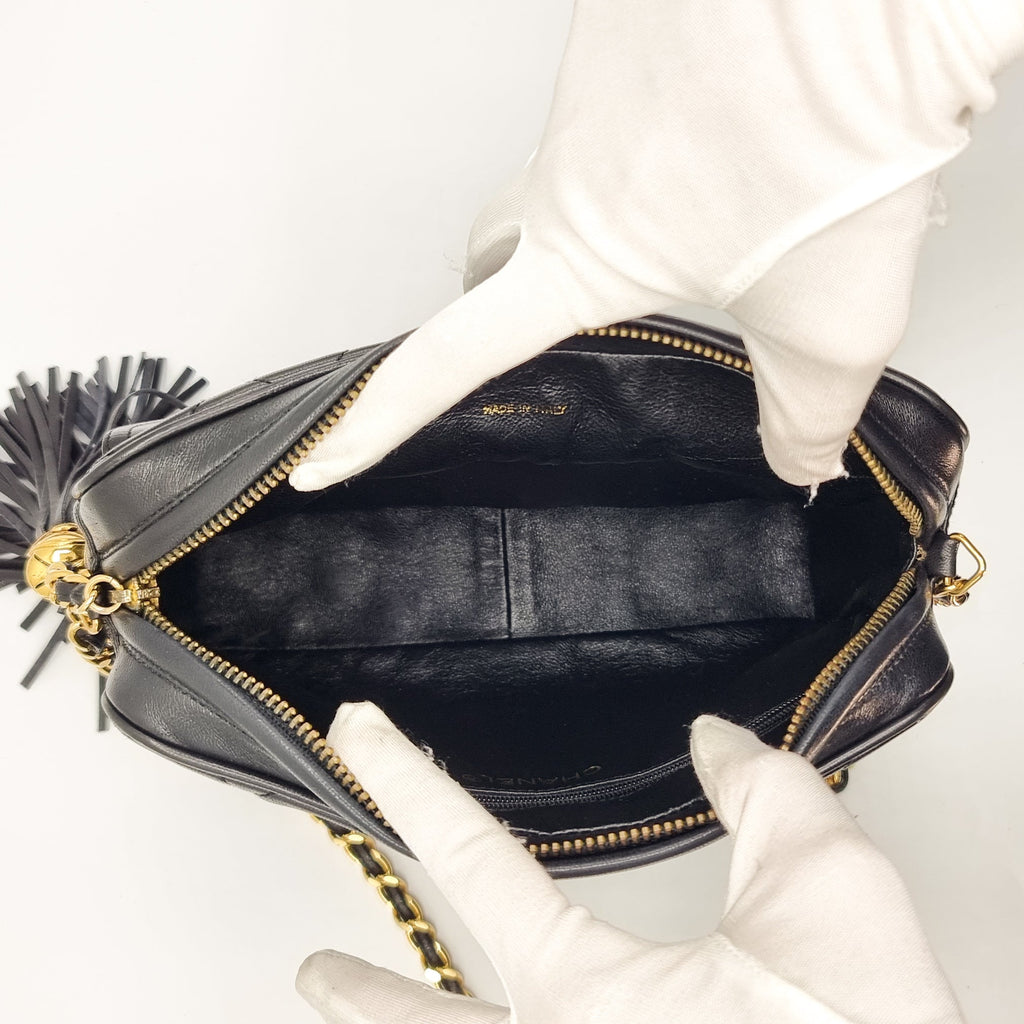 Camera Chain Bag Black Lambskin Leather