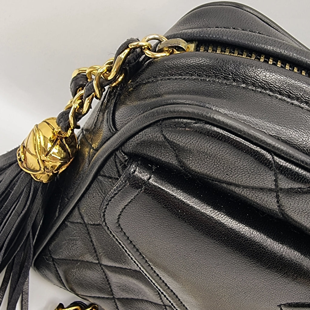 Camera Chain Bag Black Lambskin Leather