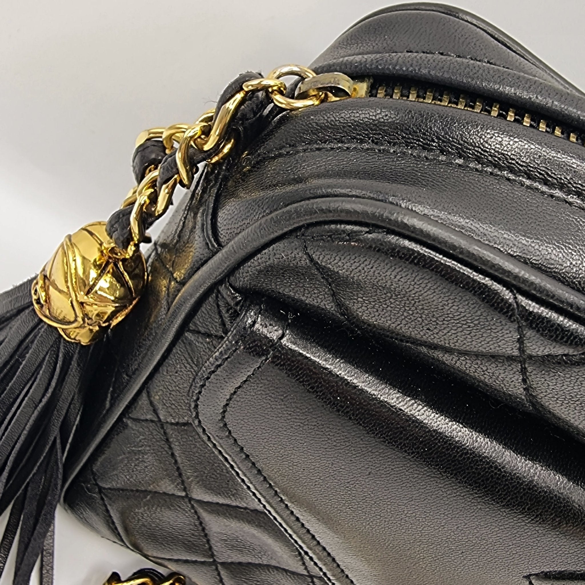 Camera Chain Bag Black Lambskin Leather