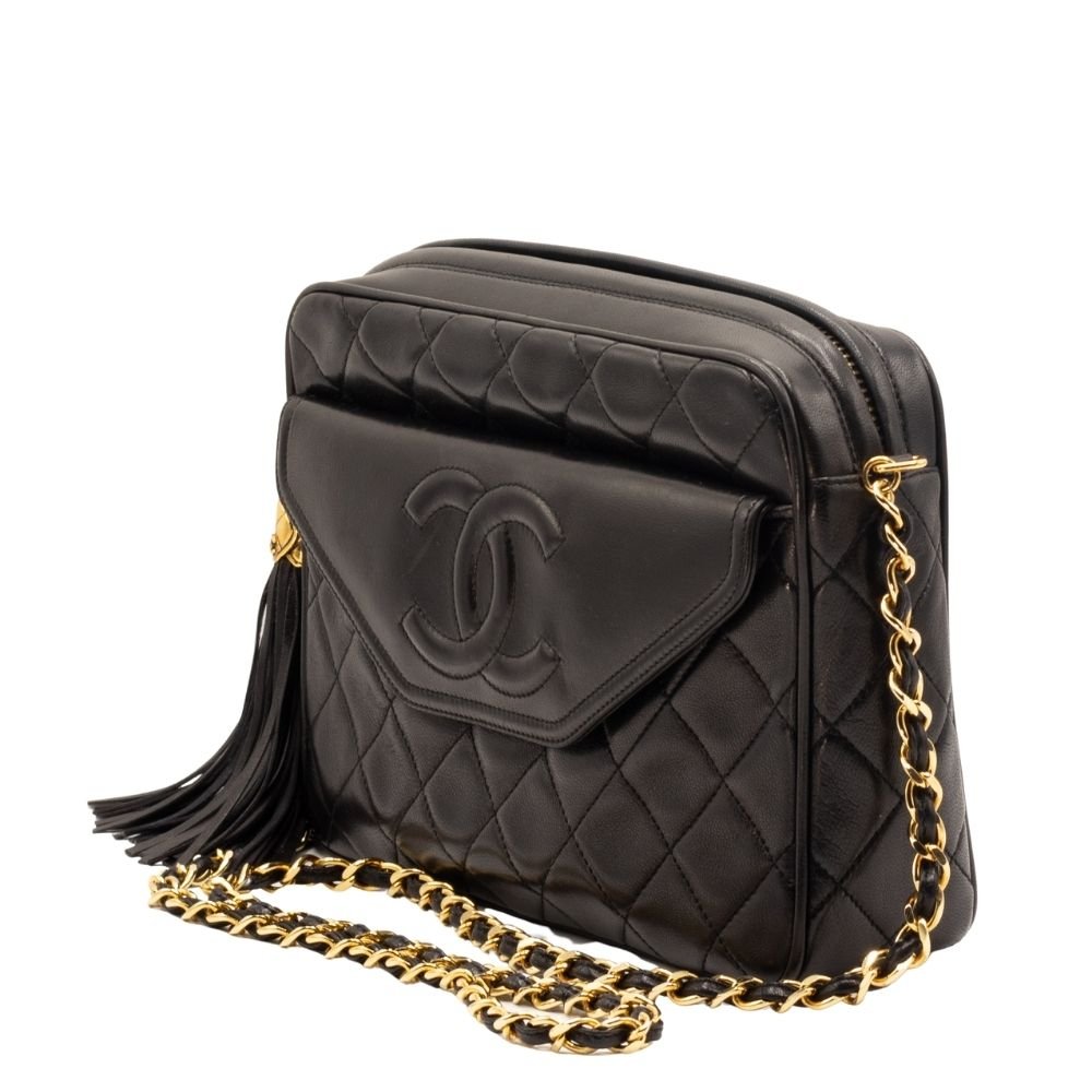 Camera Chain Bag Black Lambskin Leather