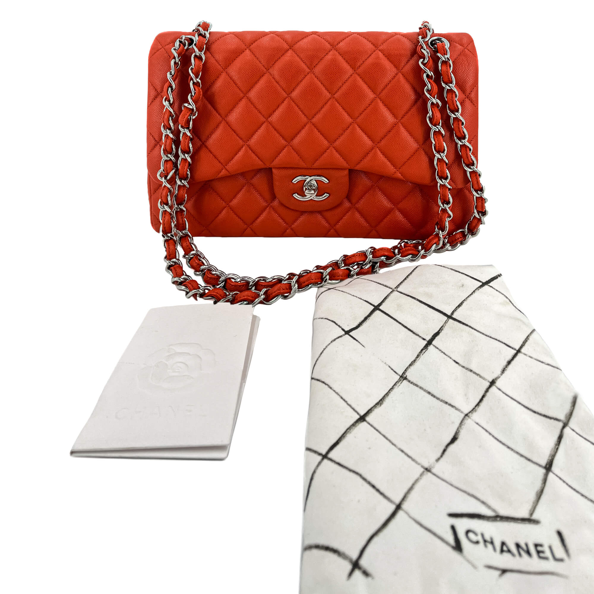 Classic Double Flap Jumbo Caviar Leather Chain Bag Orange