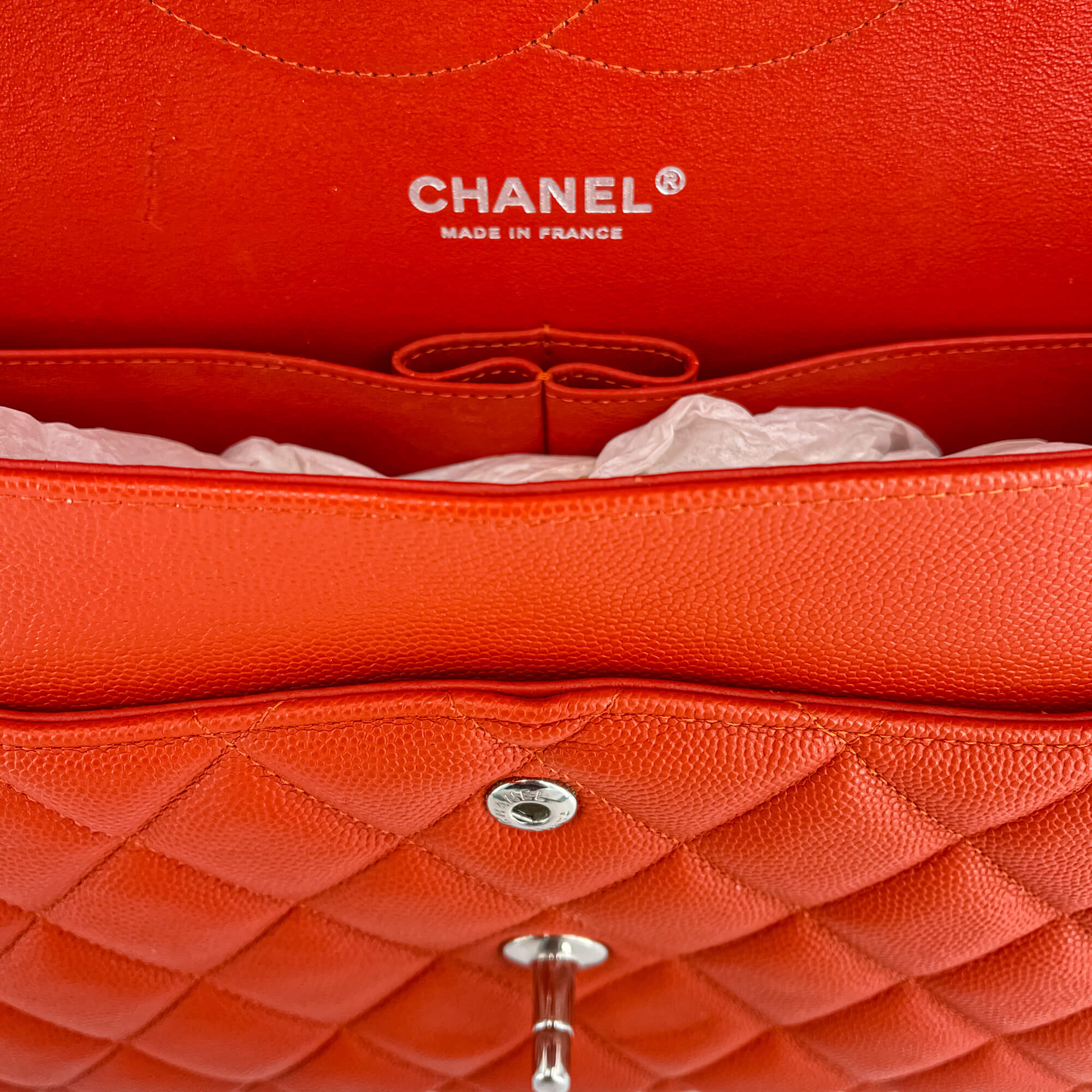 Classic Double Flap Jumbo Caviar Leather Chain Bag Orange