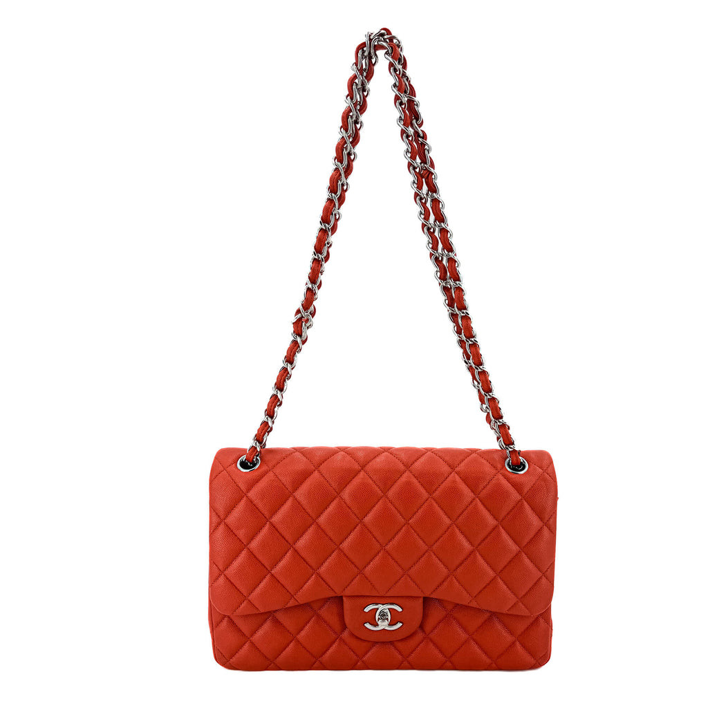 Classic Double Flap Jumbo Caviar Leather Chain Bag Orange