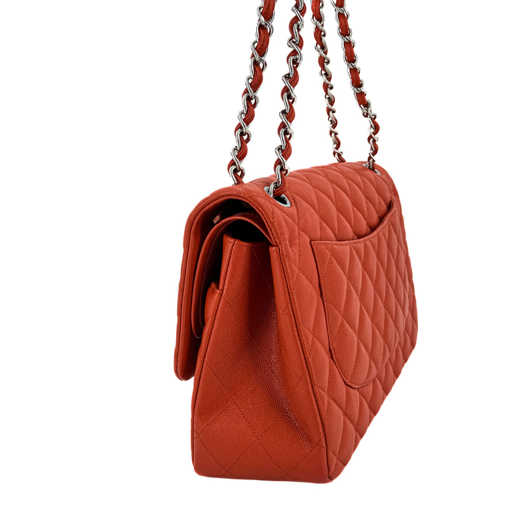 Classic Double Flap Jumbo Caviar Leather Chain Bag Orange