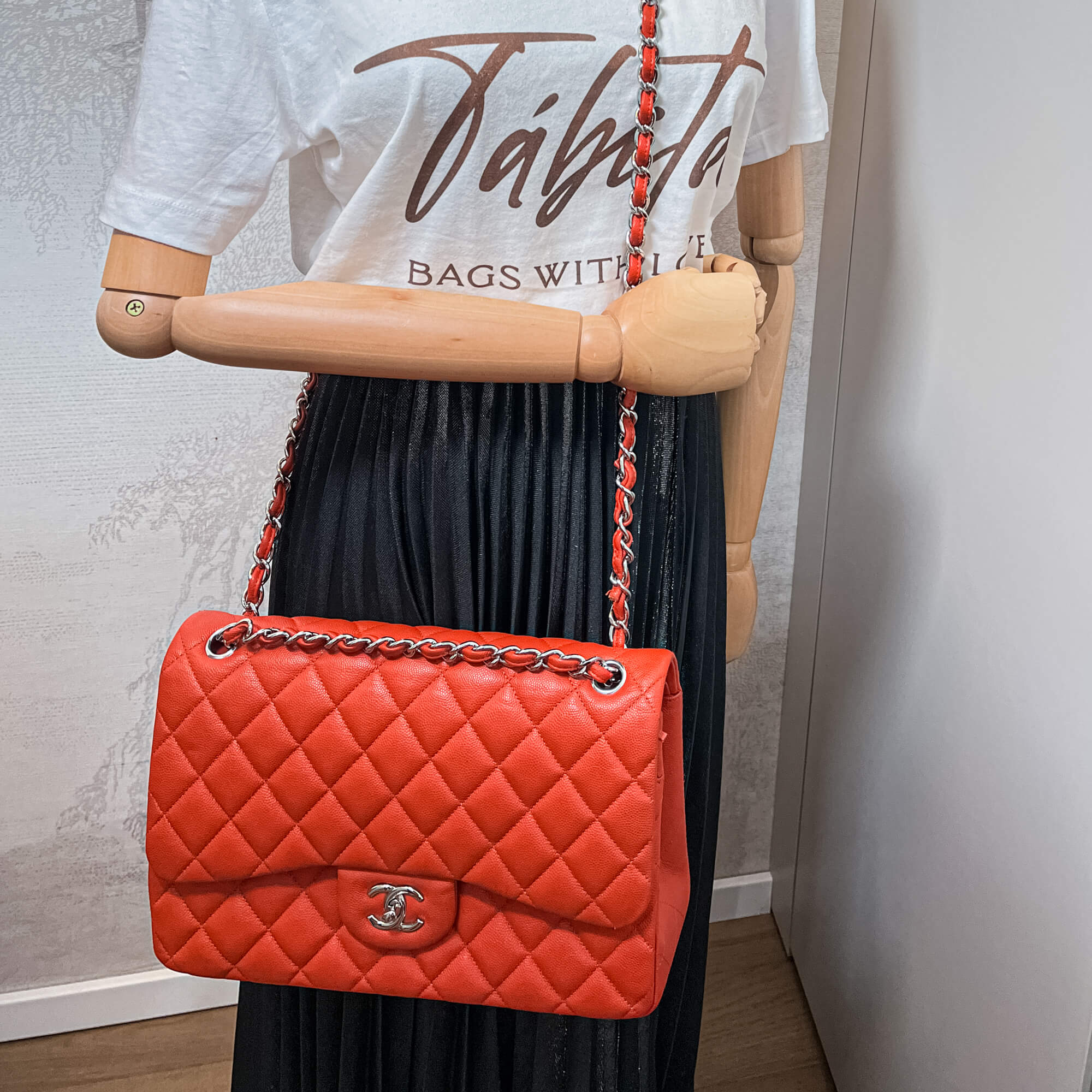 Classic Double Flap Jumbo Caviar Leather Chain Bag Orange