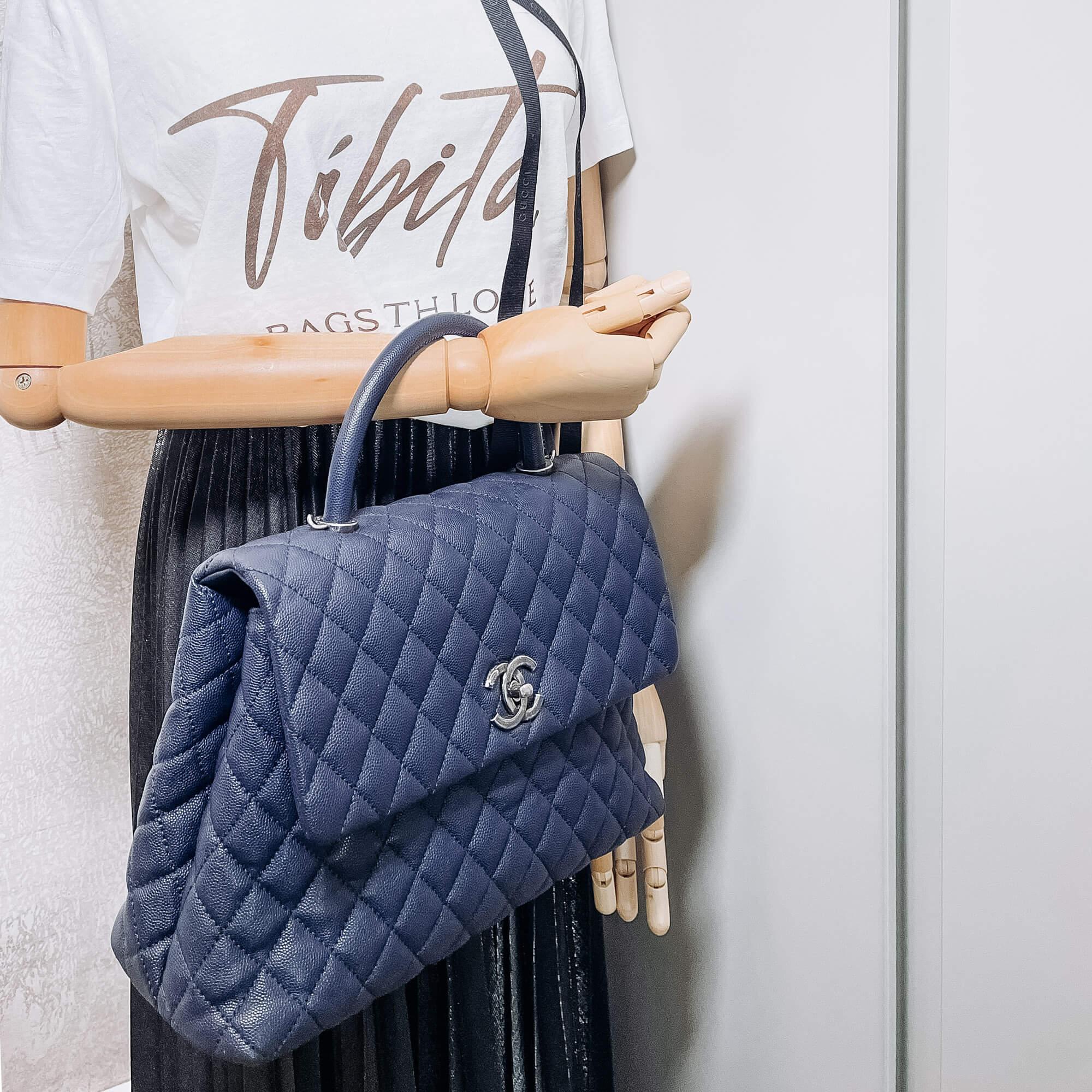 Coco Handle Large Caviar 2way Navy Blue Ruthenium