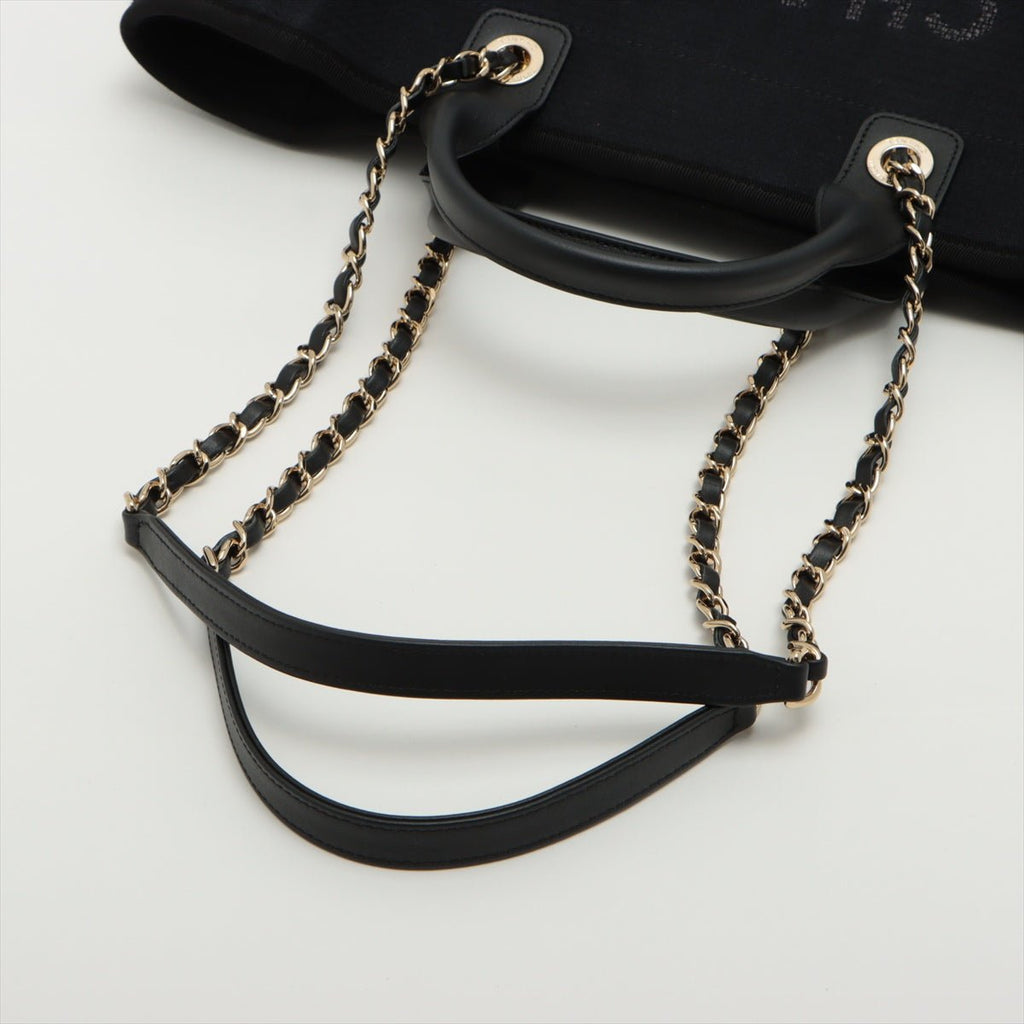 Deauville Canvas & Leather Chain Bag 2-way Black Gold Champagne Hardware