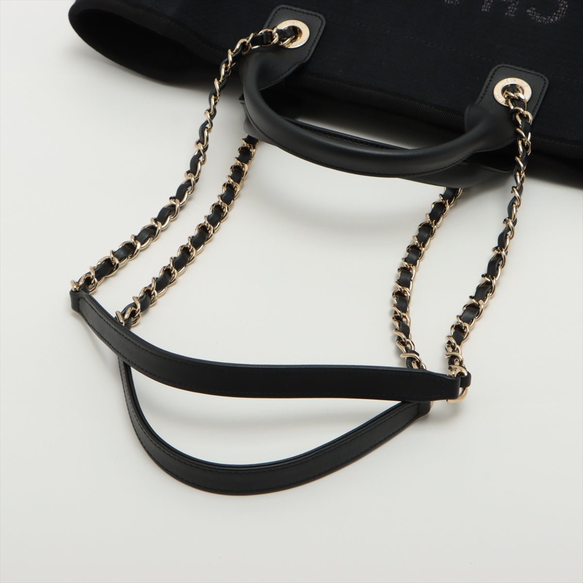 Deauville Canvas & Leather Chain Bag 2-way Black Gold Champagne Hardware