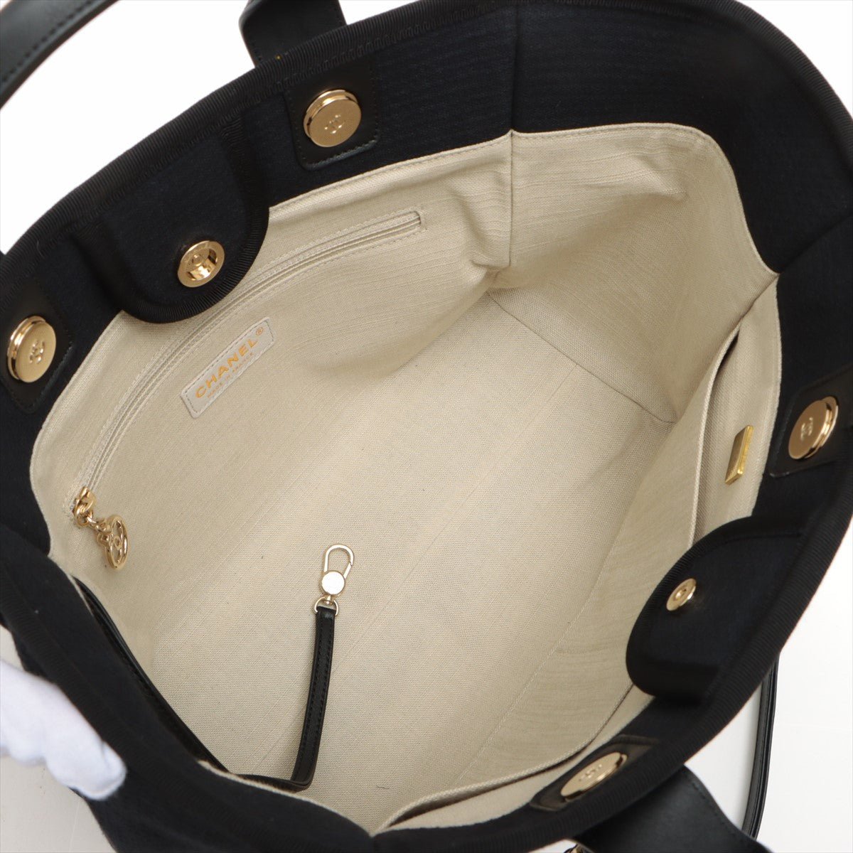 Deauville Canvas & Leather Chain Bag 2-way Black Gold Champagne Hardware