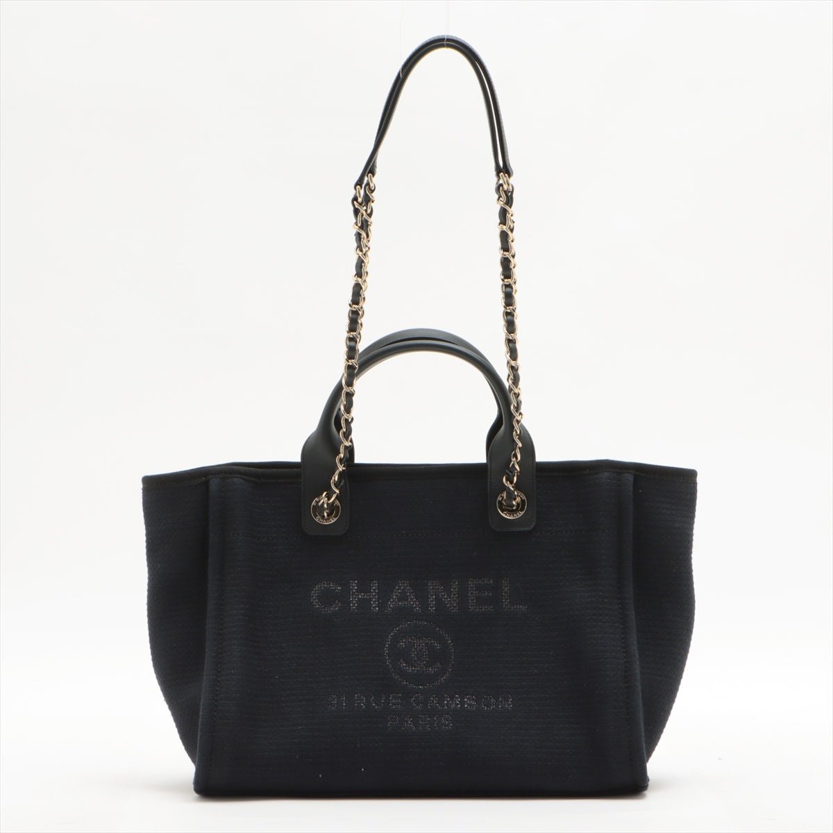 Deauville Canvas & Leather Chain Bag 2-way Black Gold Champagne Hardware
