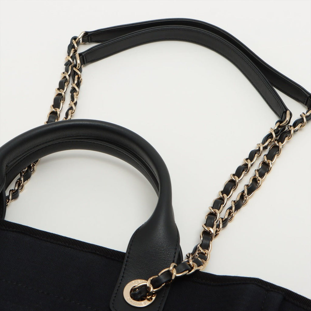 Deauville Canvas & Leather Chain Bag 2-way Black Gold Champagne Hardware