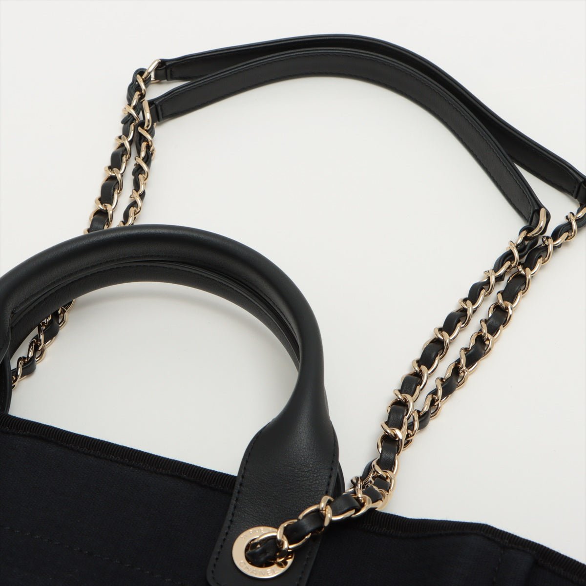 Deauville Canvas & Leather Chain Bag 2-way Black Gold Champagne Hardware