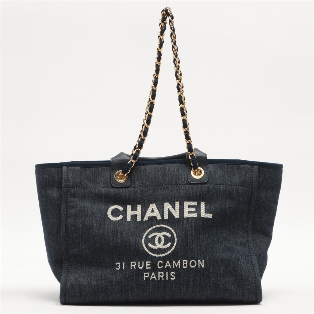 Deauville Denim Tote Bag Navy Blue Silver Hardware Medium