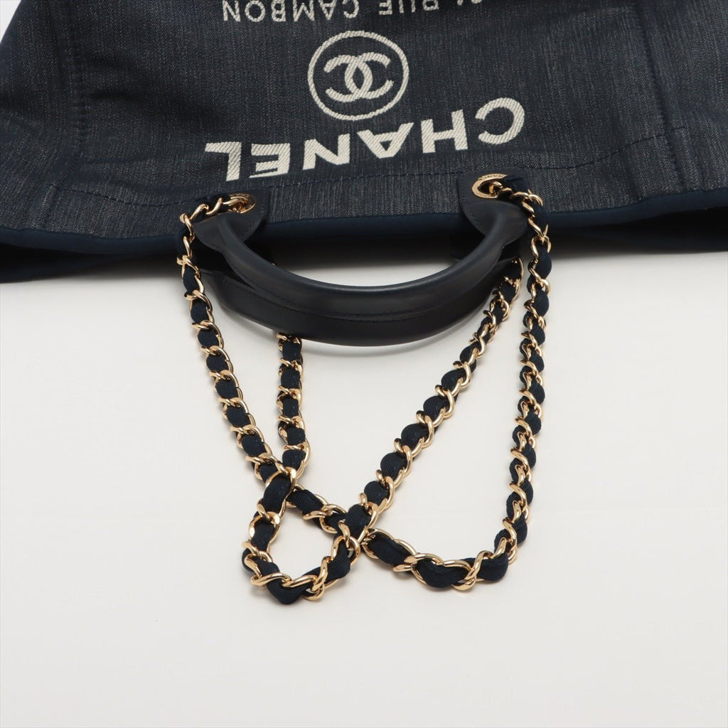 Deauville Denim Tote Bag Navy Blue Silver Hardware Medium