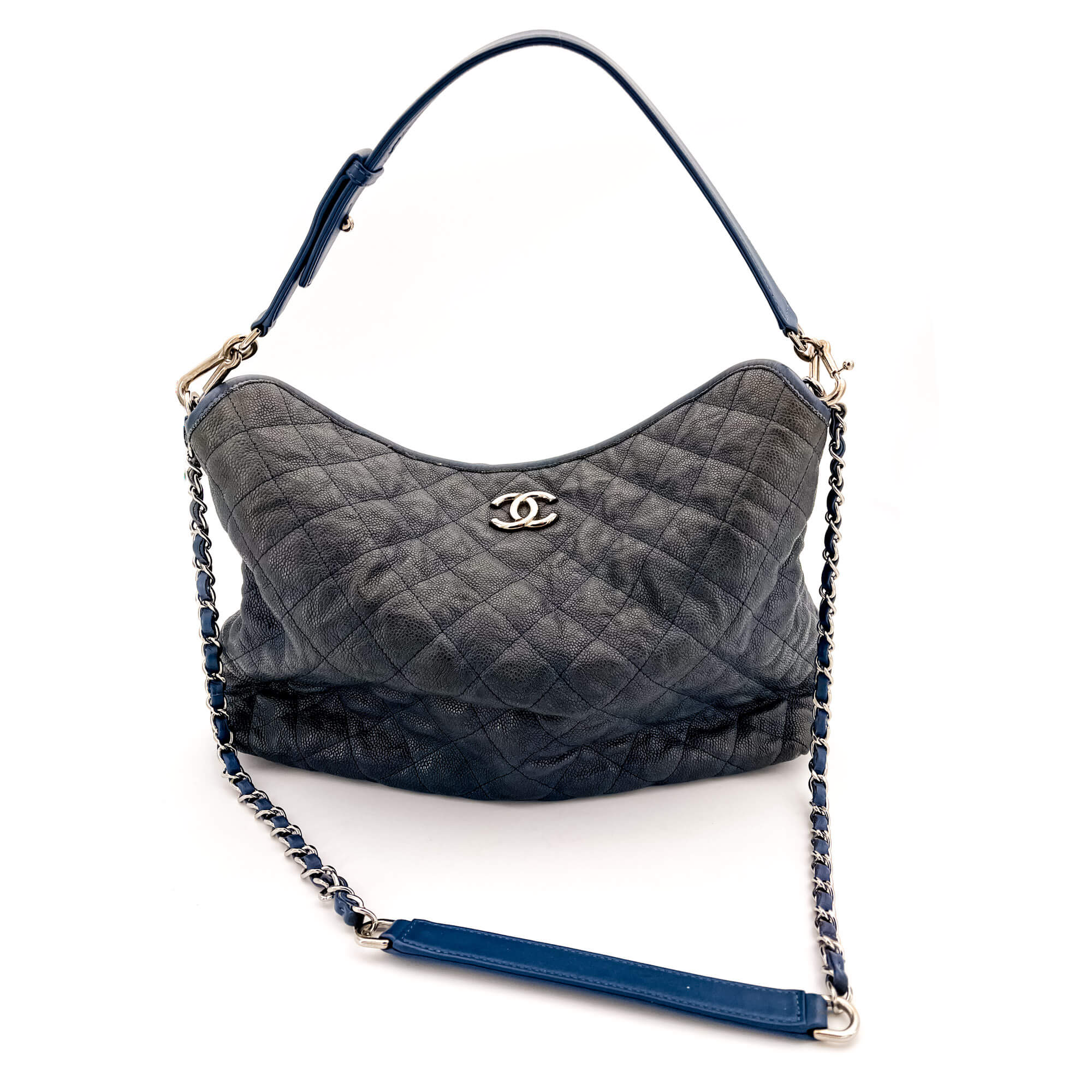 French Riviera Large Quilted Caviar Leather Blue Bag