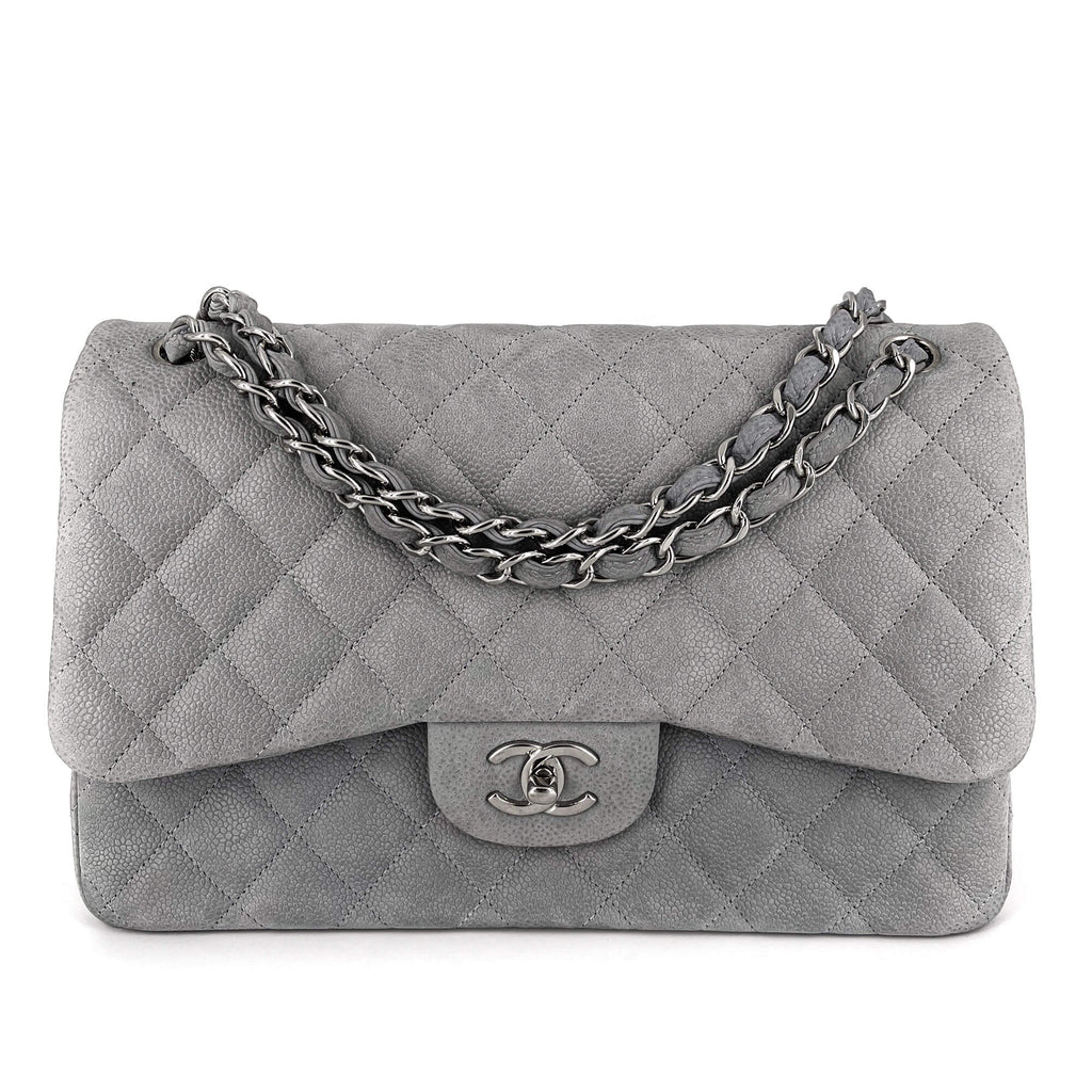 Jumbo Classic Double Flap Grey Caviar Leather Silver