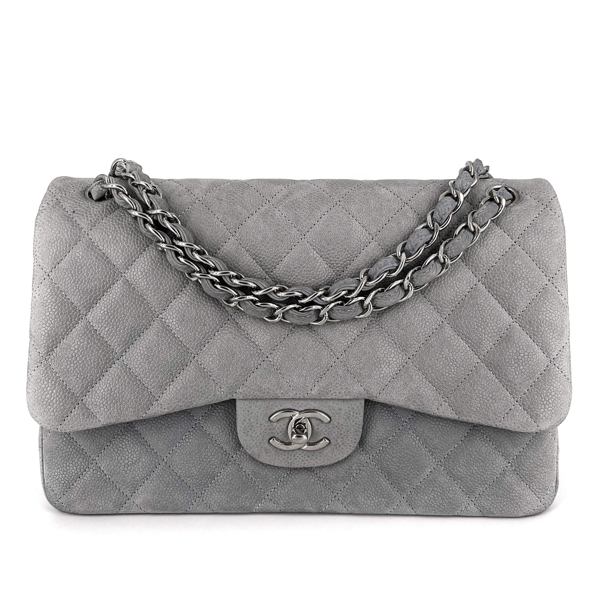Jumbo Classic Double Flap Grey Caviar Leather Silver