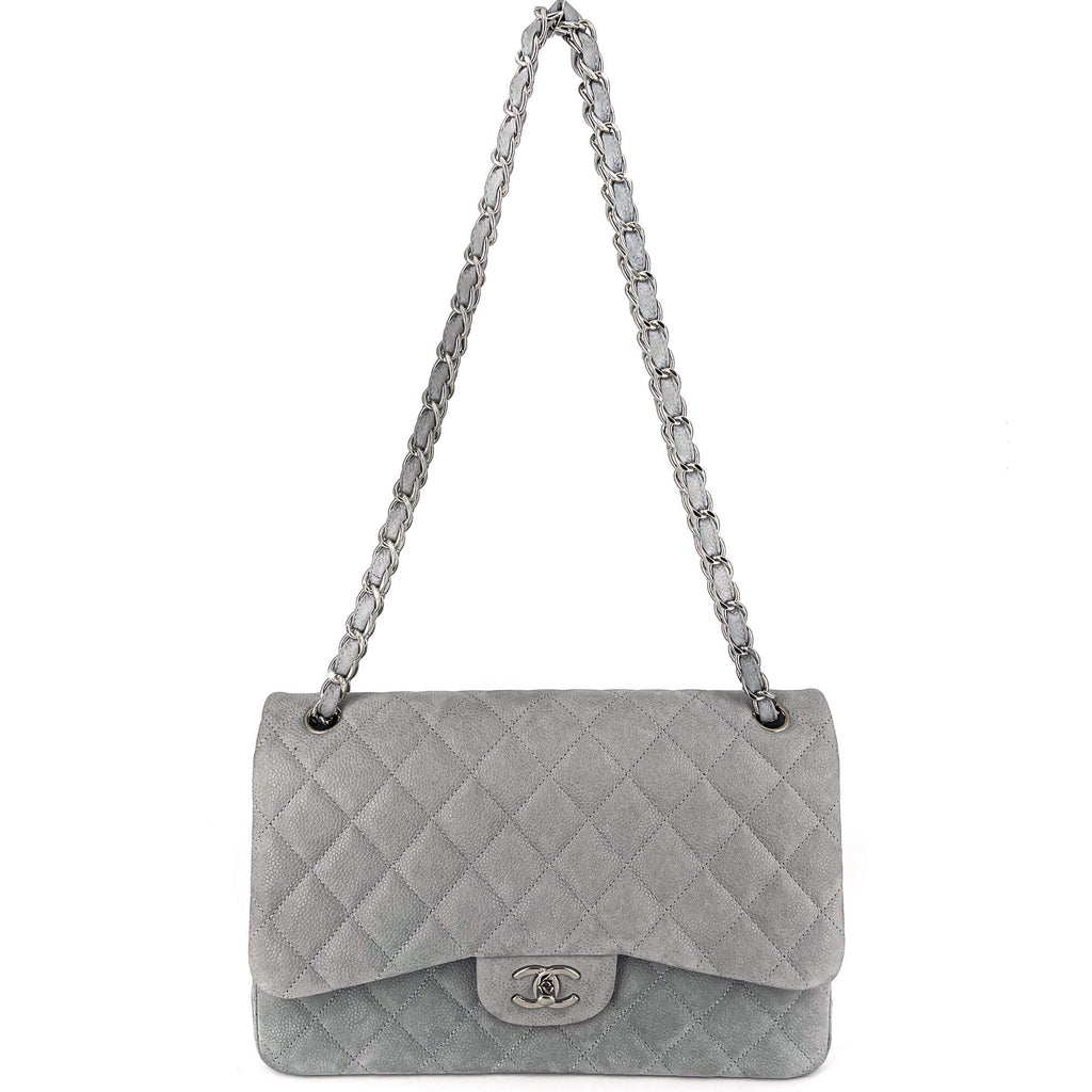 Jumbo Classic Double Flap Grey Caviar Leather Silver