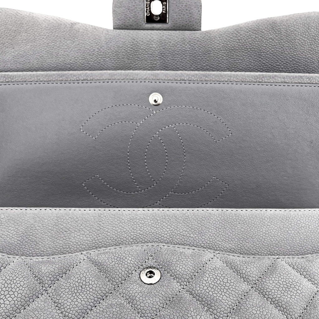 Jumbo Classic Double Flap Grey Caviar Leather Silver