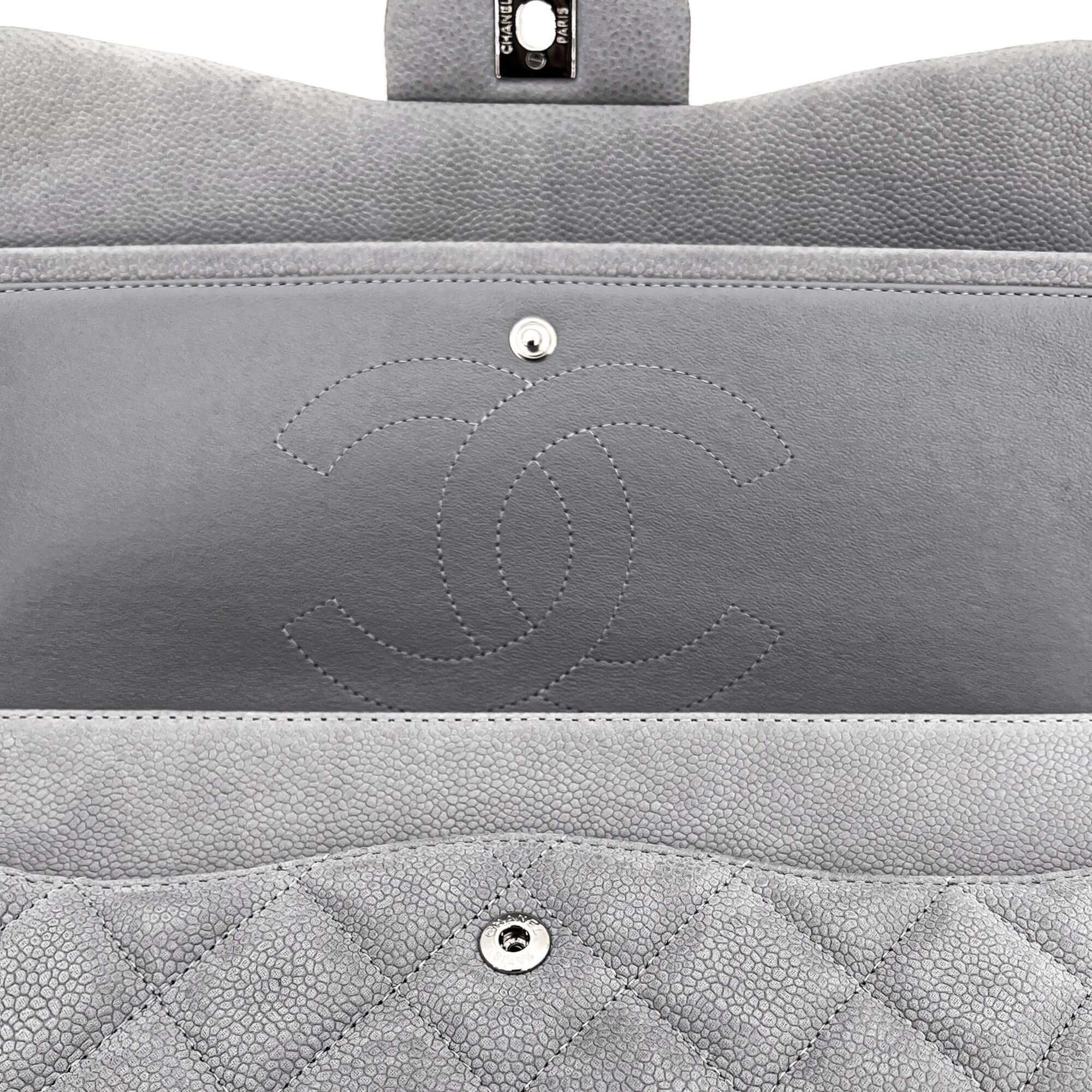 Jumbo Classic Double Flap Grey Caviar Leather Silver