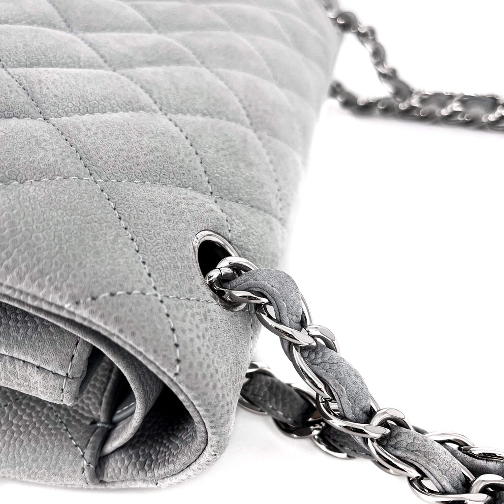 Jumbo Classic Double Flap Grey Caviar Leather Silver