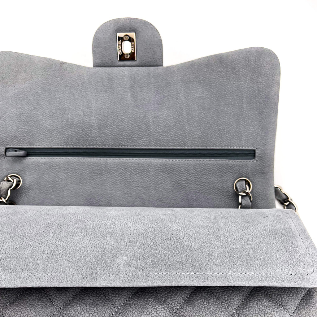 Jumbo Classic Double Flap Grey Caviar Leather Silver