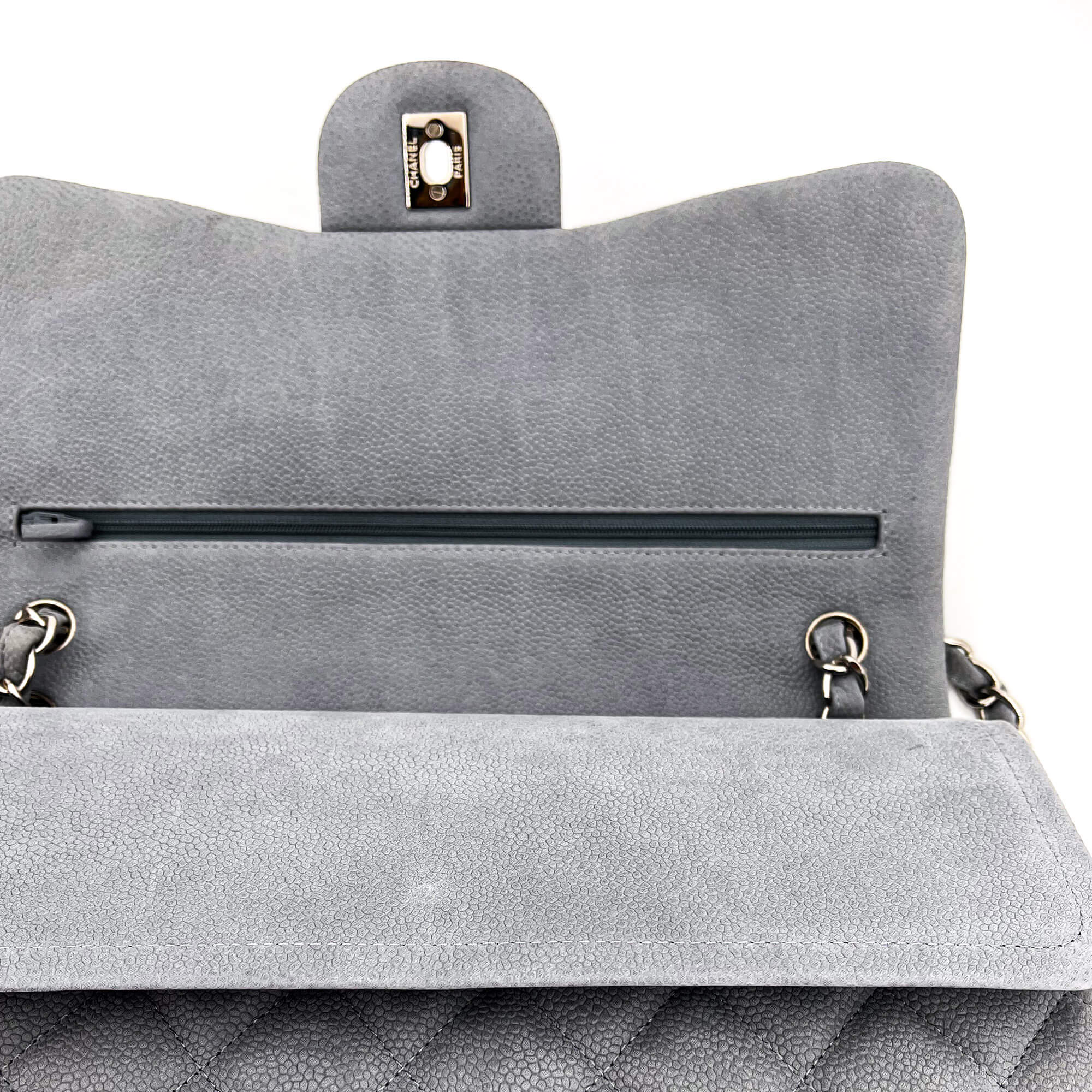 Jumbo Classic Double Flap Grey Caviar Leather Silver