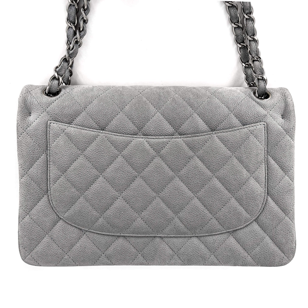 Jumbo Classic Double Flap Grey Caviar Leather Silver