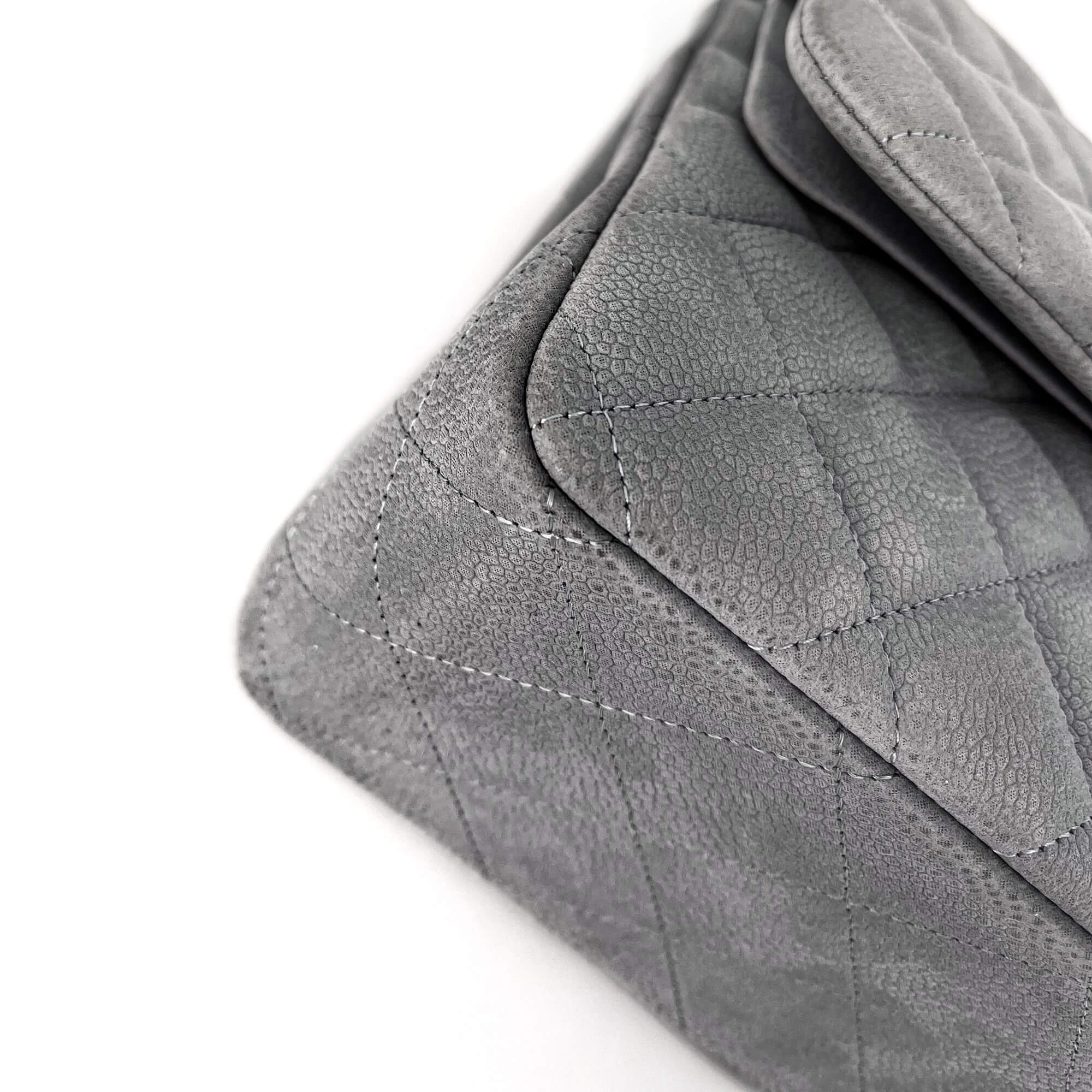 Jumbo Classic Double Flap Grey Caviar Leather Silver