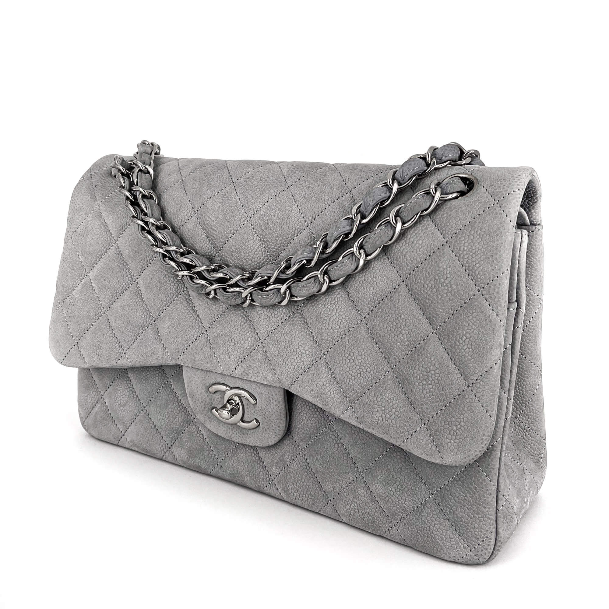 Jumbo Classic Double Flap Grey Caviar Leather Silver