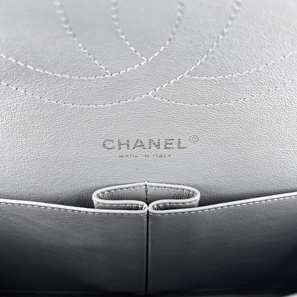 Jumbo Classic Double Flap Grey Caviar Leather Silver