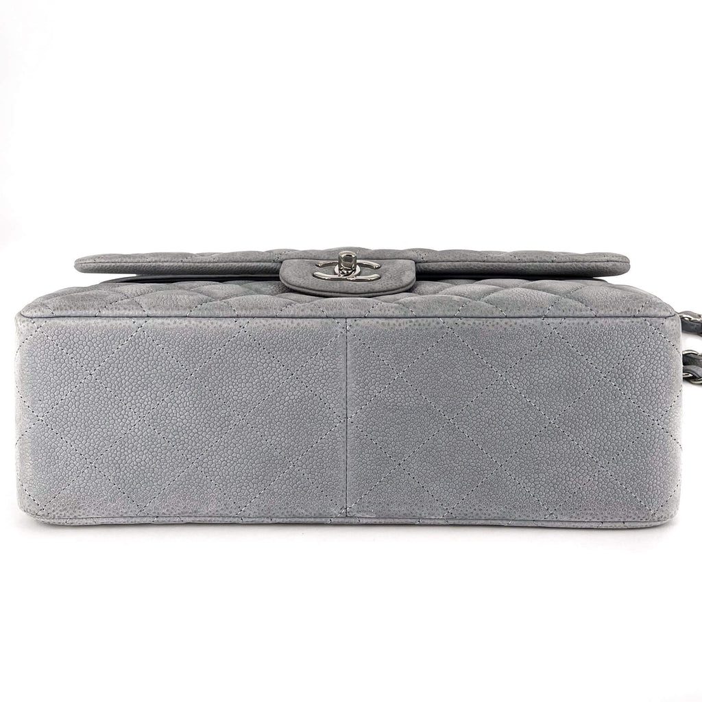 Jumbo Classic Double Flap Grey Caviar Leather Silver