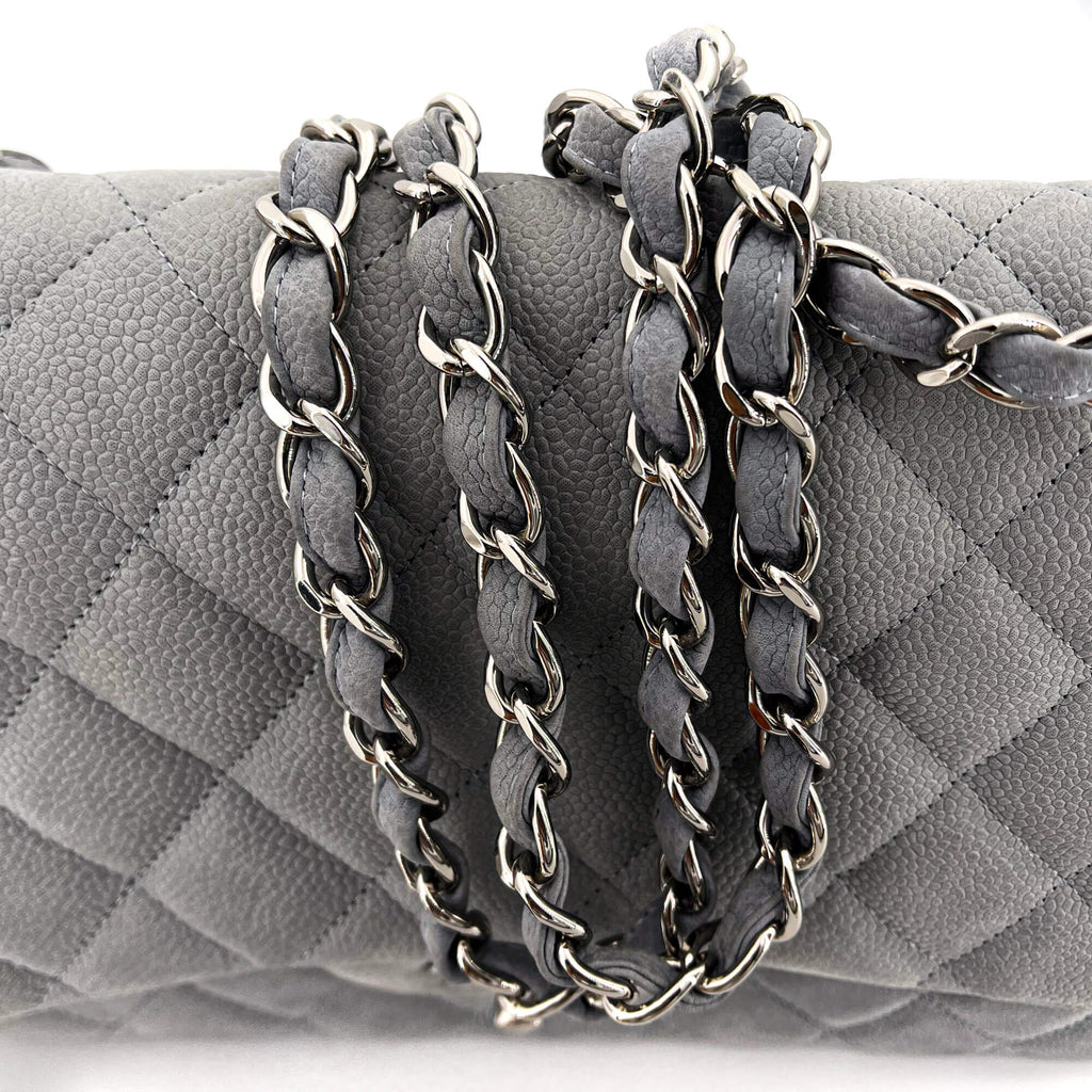 Jumbo Classic Double Flap Grey Caviar Leather Silver