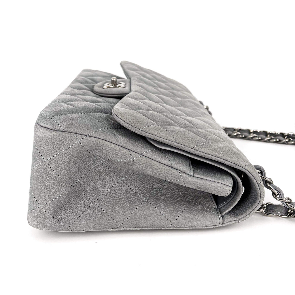 Jumbo Classic Double Flap Grey Caviar Leather Silver