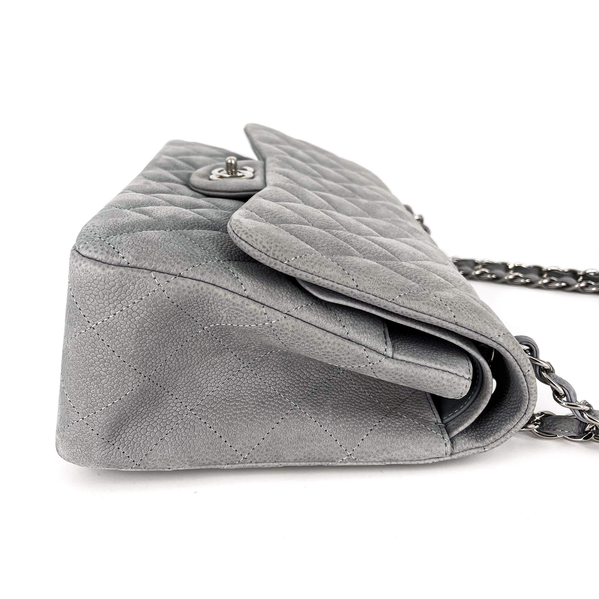 Jumbo Classic Double Flap Grey Caviar Leather Silver
