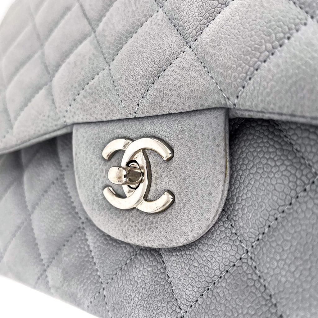 Jumbo Classic Double Flap Grey Caviar Leather Silver