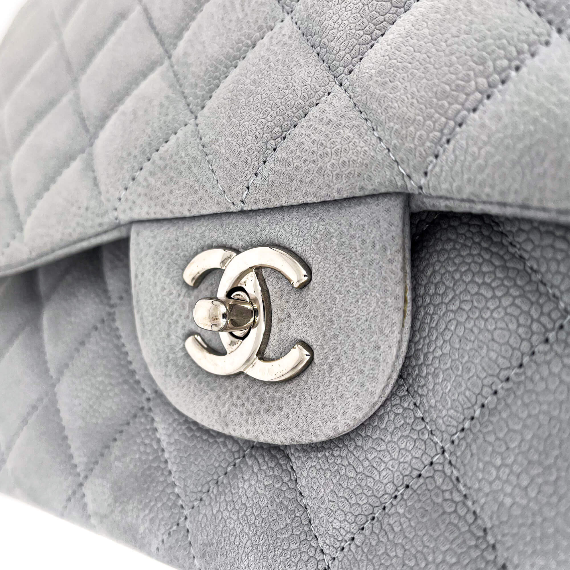 Jumbo Classic Double Flap Grey Caviar Leather Silver