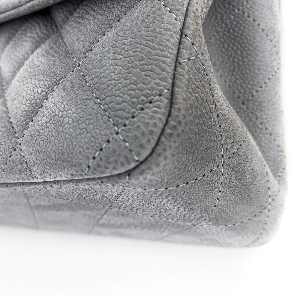Jumbo Classic Double Flap Grey Caviar Leather Silver