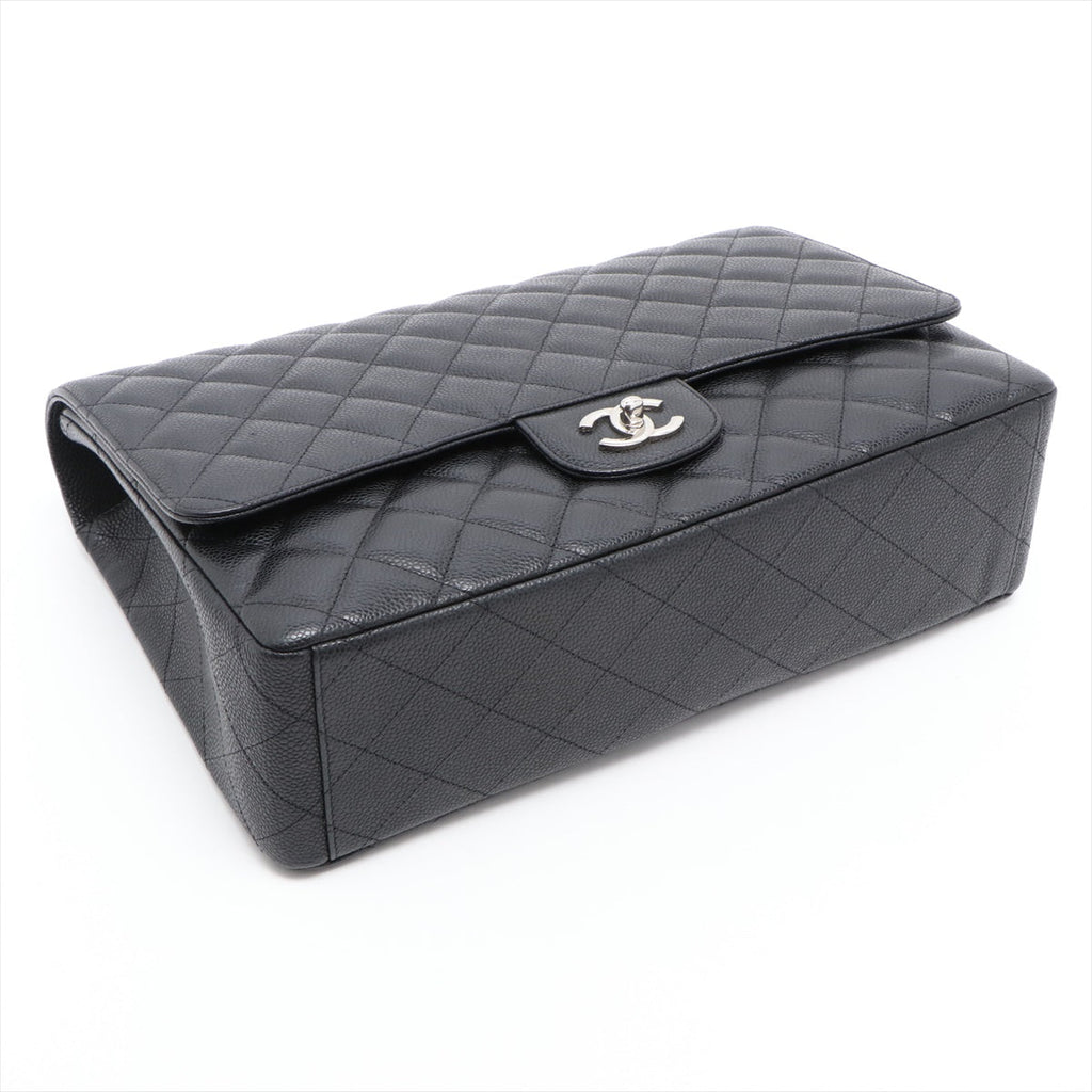Maxi Classic Single Flap in Black Quilted Caviar Leather Silver Hardware