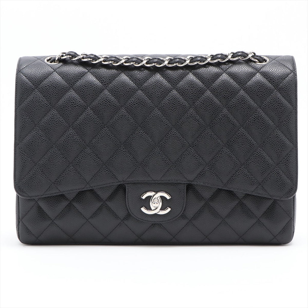 Maxi Classic Single Flap in Black Quilted Caviar Leather Silver Hardware